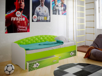 Кровать Софа-8 с мягкой спинкой фотопечать Футбол (900х2000) Белый/Лайм в Прокудском - prokudskoe.mebel54.com | фото