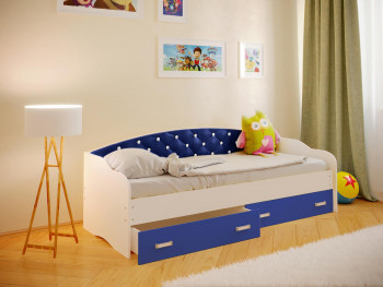 Кровать Софа-8 с мягкой спинкой со стразами (900х1900) Белый/Синий в Прокудском - prokudskoe.mebel54.com | фото