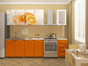 Кухонный гарнитур 1,6м Апельсин (Белый/Оранжевый металлик/Фотопечать апельсин) в Прокудском - prokudskoe.mebel54.com | фото
